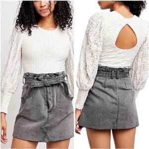 Free People Jasmine Tea Time Puff Sleeve Lace Crop Top Womens Medium Ivory/White